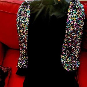 Sequin Sleeves.black booby-bob-short..A-line dress.VERY pretty..